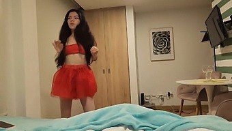 Stunning Lady In Red Skirt And Without Panties Craves A Christmas Present Of Passionate Lovemaking